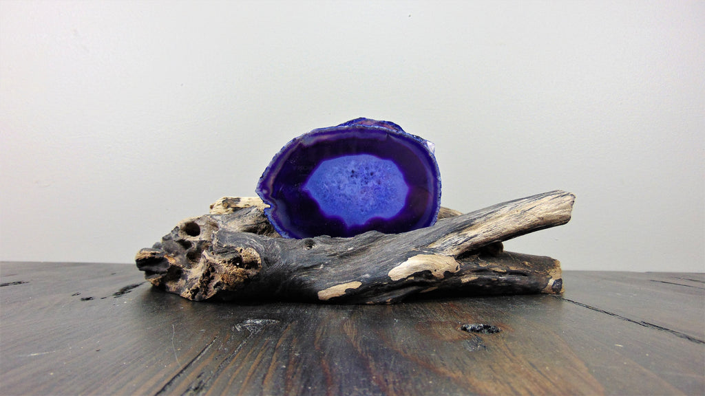purple agate stone coaster in custom driftwood coaster holder